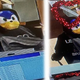 Two images of a bank robber wearing a Sonic mask as seen in security cam footage.